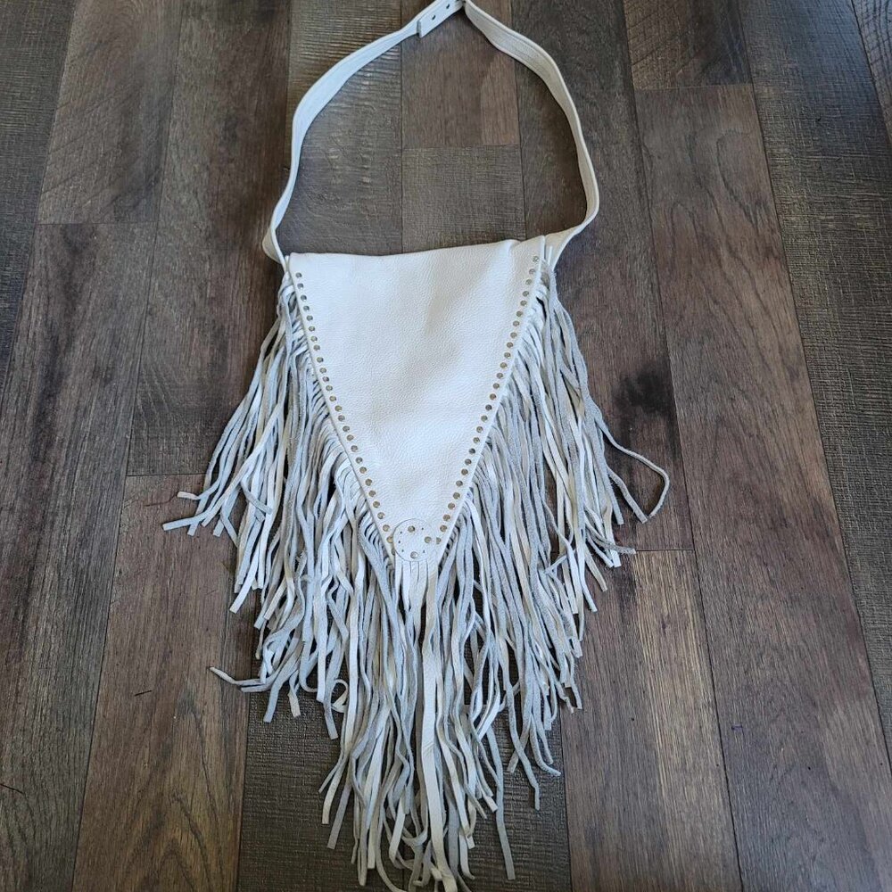 Handmade One of a Kind white pebbled leather bag with silver studs & long fringe